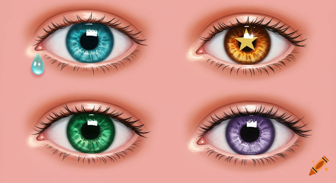 Four stylized eyes with various colors on a pink background, including blue with a tear, star-pupil brown, green, and purple.