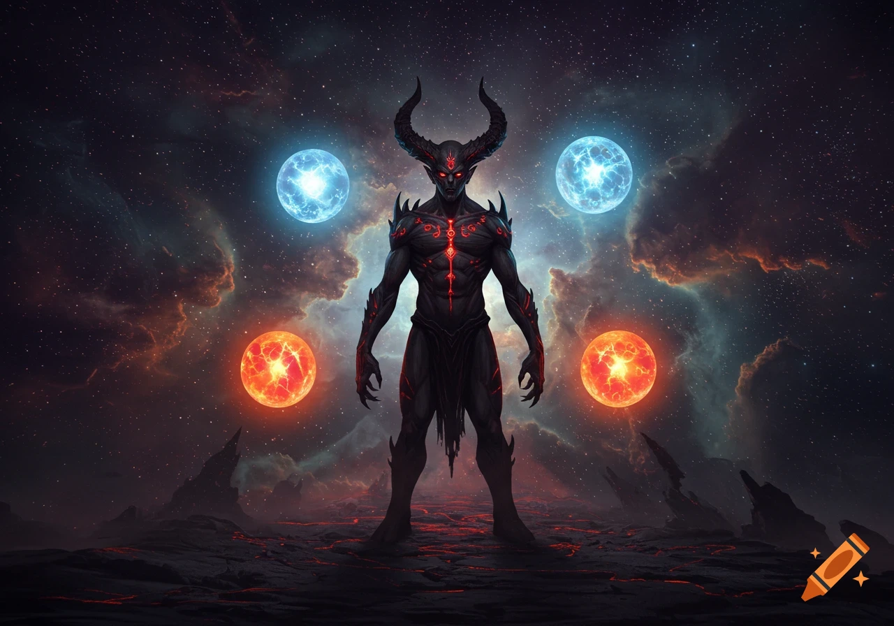 A formidable horned demon with glowing red markings stands in a cosmic landscape surrounded by four glowing energy orbs.