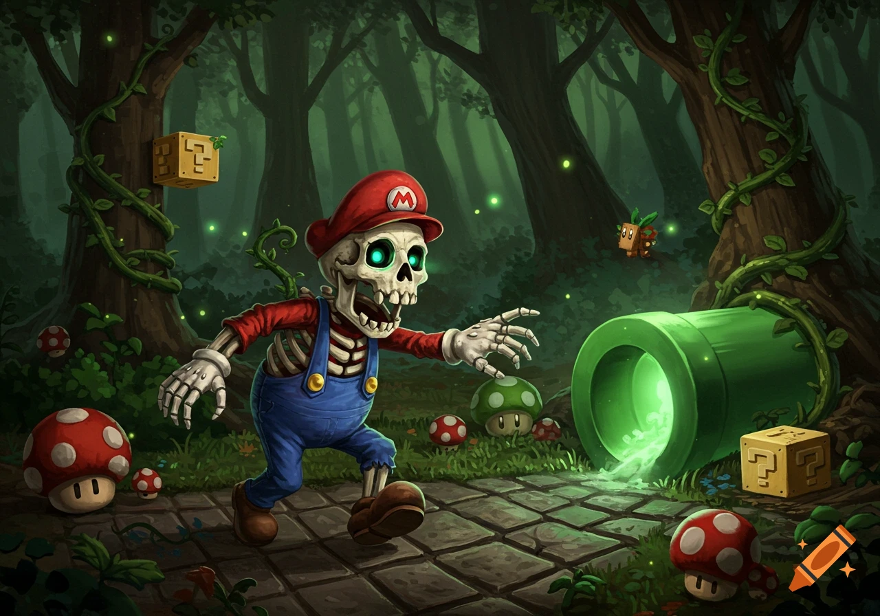 A stylized skeletal Mario character with glowing blue eyes emerges from a glowing green pipe in a dark, mystical forest with question mark blocks and mushrooms.