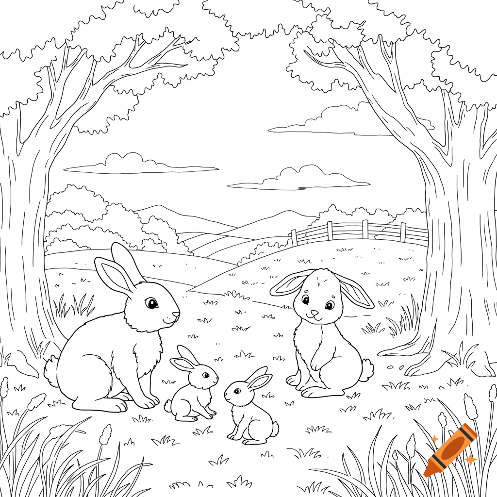 Line art illustration of a bunny family in a field, two adults and two babies, with trees and hills in the background, coloring book style.