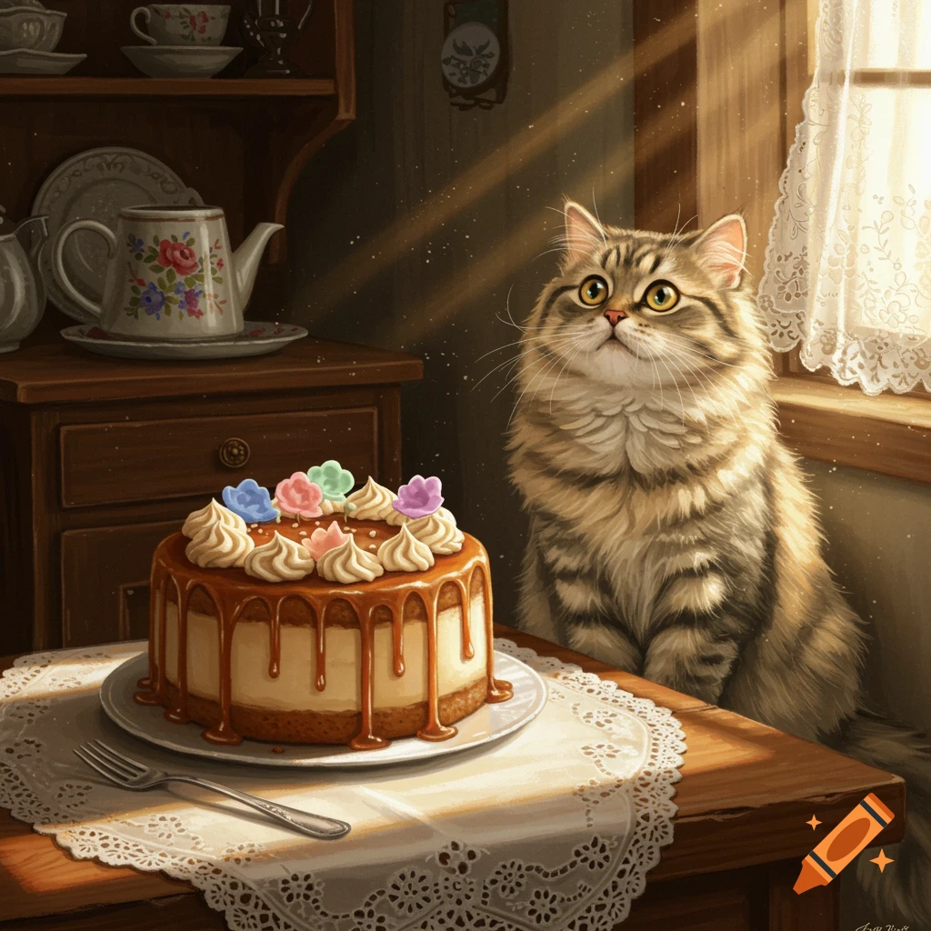 A fluffy tabby cat sits on a wooden table next to a caramel cake, looking up at sunbeams in a cozy kitchen.