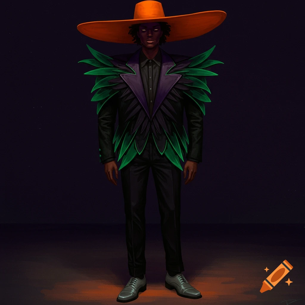 A stylized full-body portrait of a dark-skinned person wearing a black suit with green leaf-like protrusions, a black shirt, grey shoes, and a wide orange hat. They have glowing white eyes and stand on a dark surface.