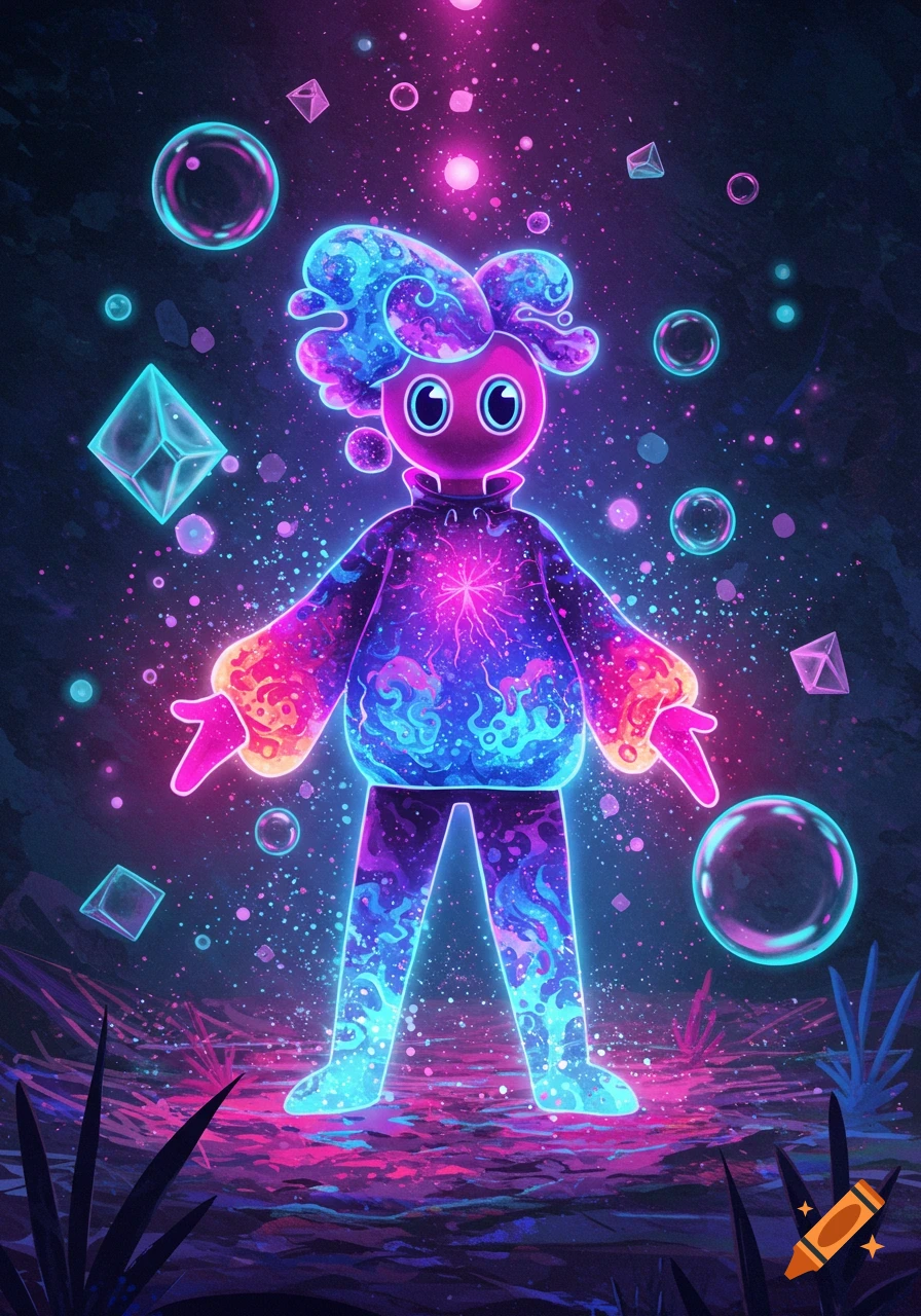 A glowing, abstract character with wavy blue and purple hair and a vibrant, patterned hoodie stands in a neon landscape with floating bubbles and geometric shapes.