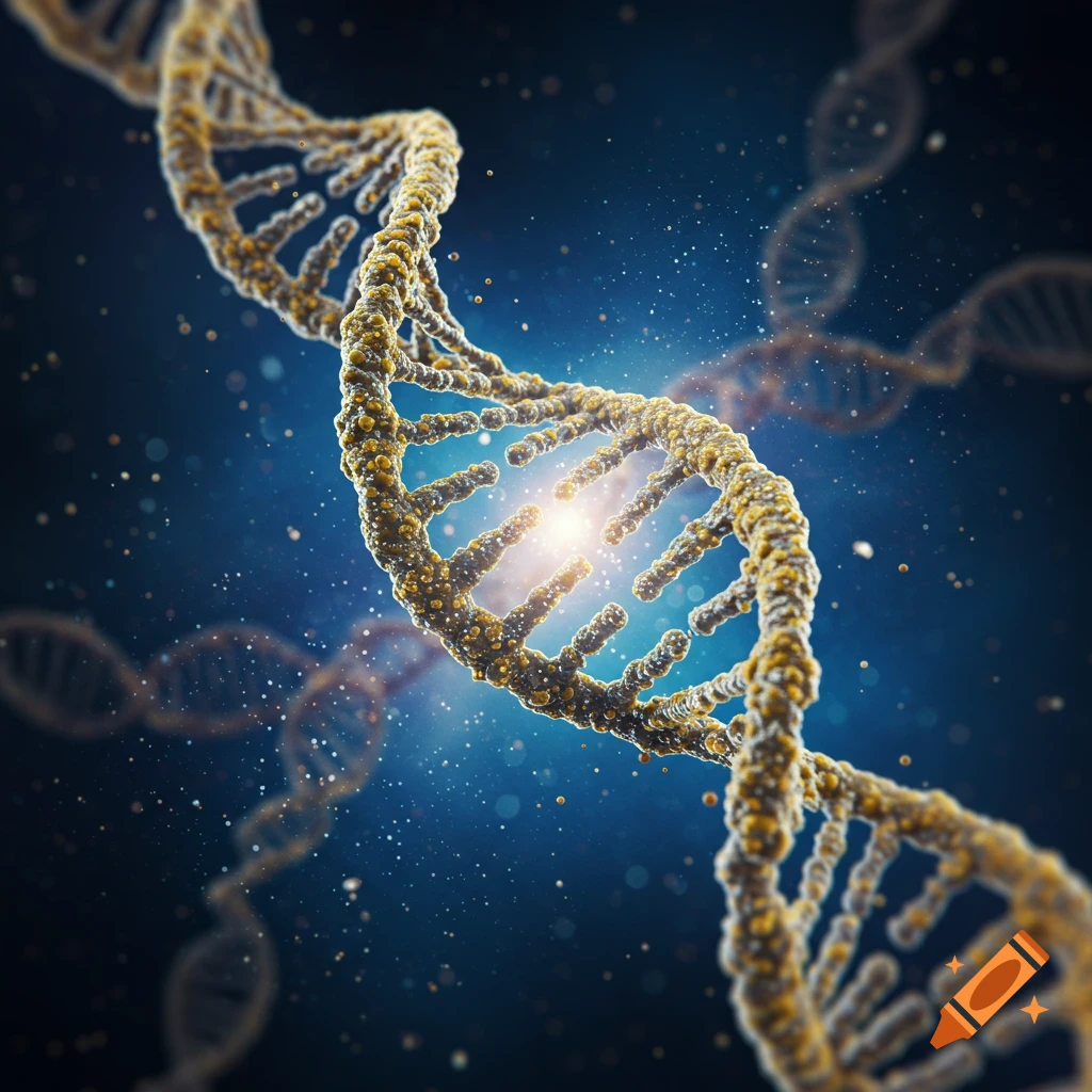A photorealistic 3D rendering of a gold and brown DNA double helix, glowing with light against a dark blue, particle-filled background.
