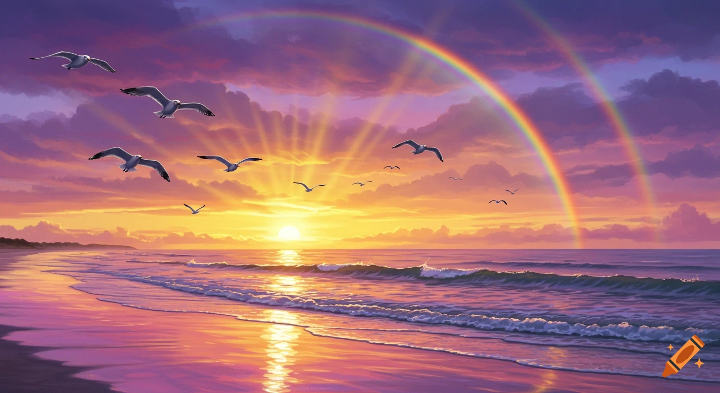 Vibrant sunset painting of a beach with waves, seagulls flying, and a double rainbow in a purple and orange sky.