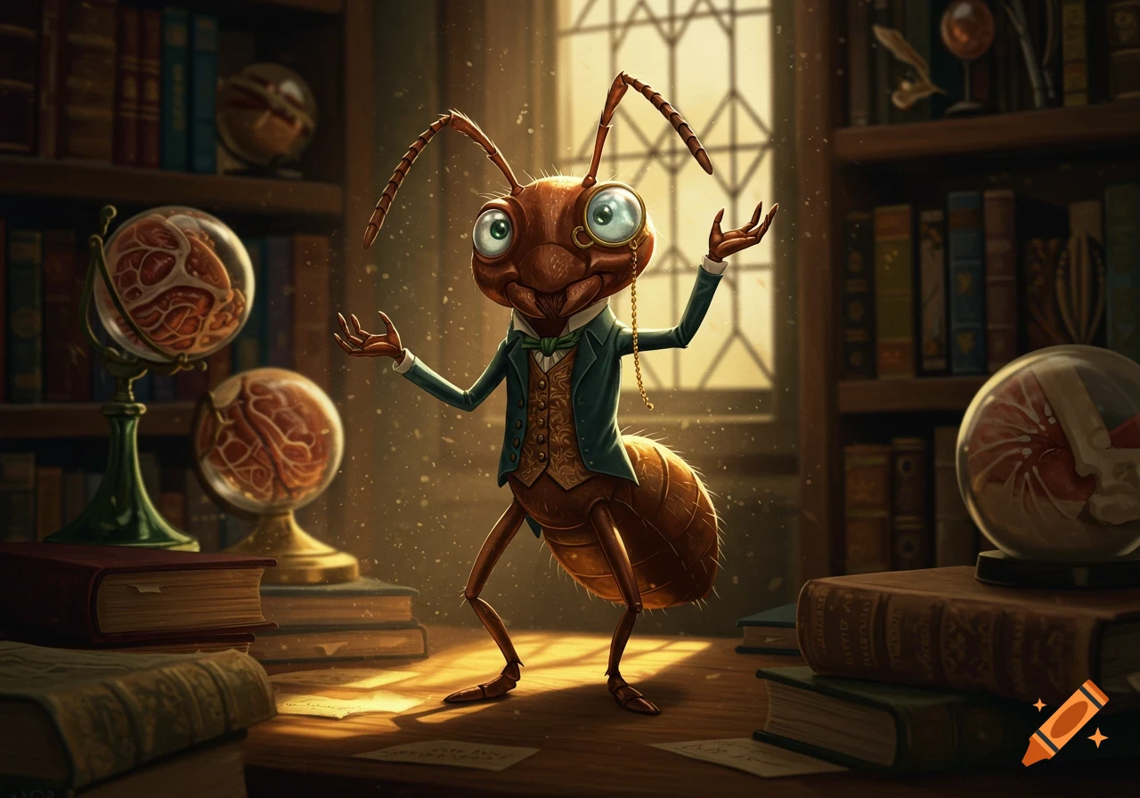 A whimsical, cartoonish anthropomorphic ant in a suit and monocle stands gesturing in a library, surrounded by books and globes.