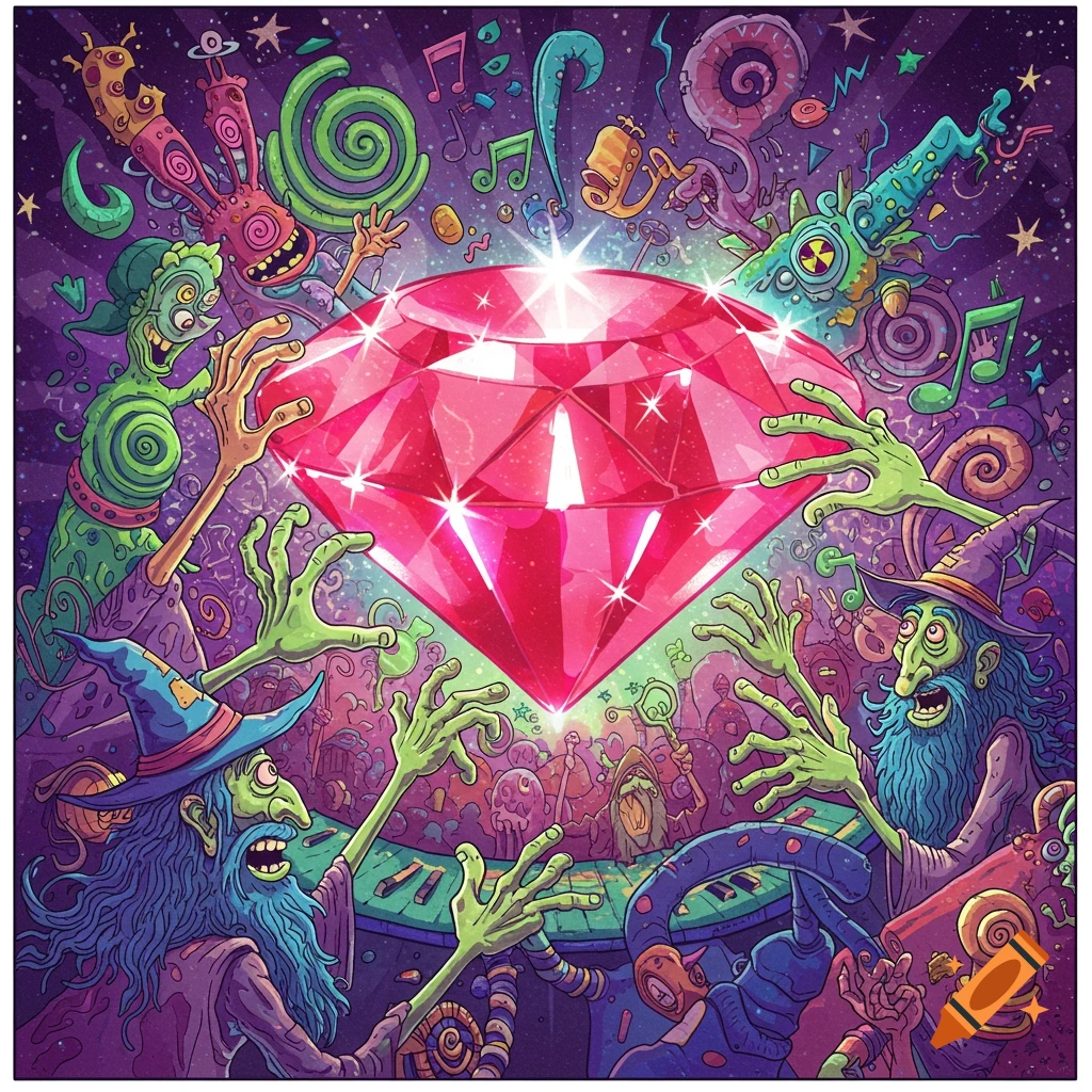 Psychedelic illustration of a glowing pink ruby surrounded by grotesque green wizards and creatures in a starry, musical cosmic void.