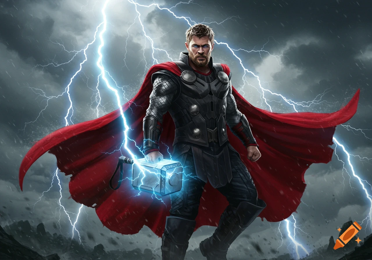 Thor in his superhero armor, holding Mjolnir with lightning, standing against a stormy sky.