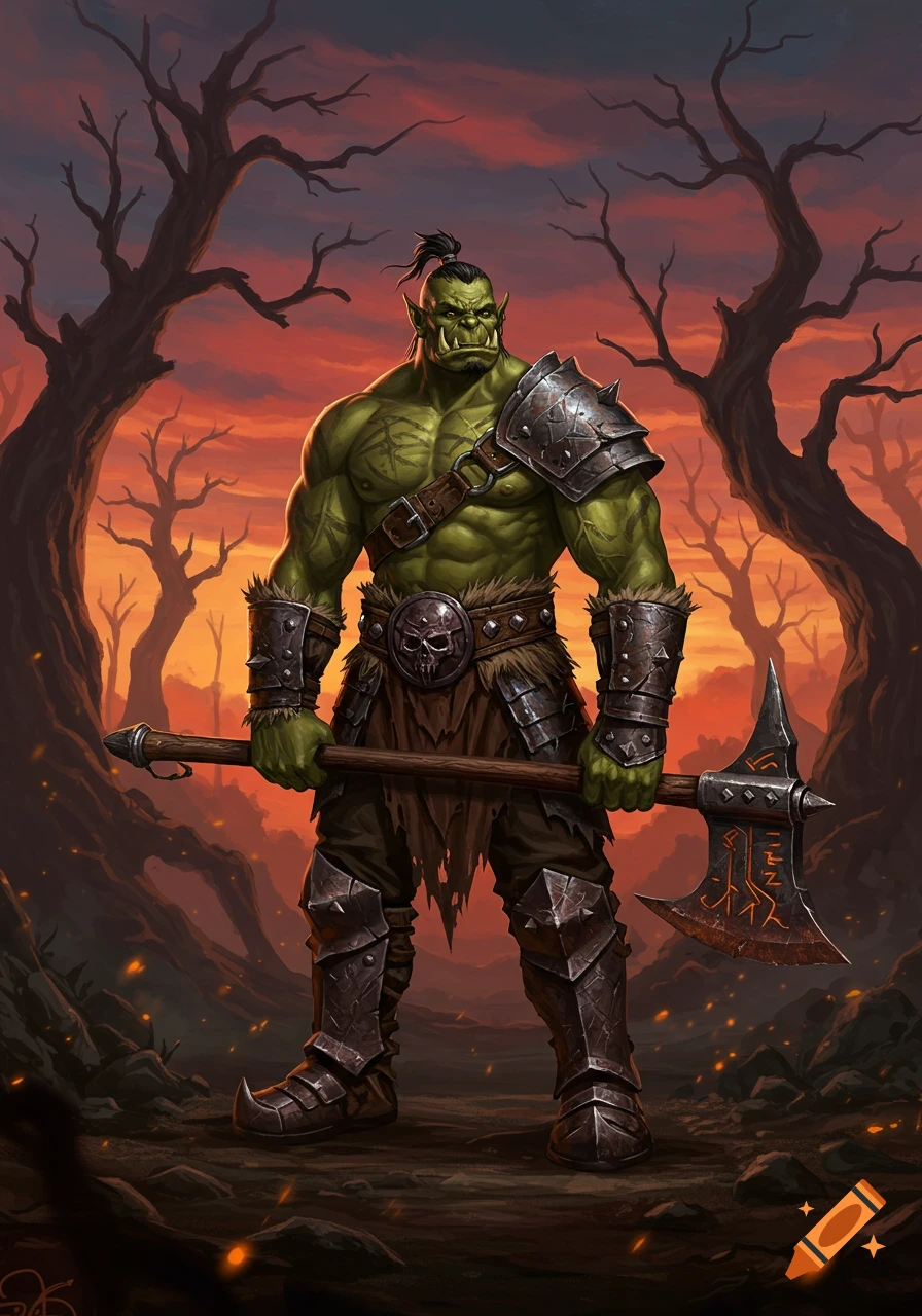 A muscular green orc warrior with spiky armor holds a large axe in a desolate forest under an orange sky, fantasy art.