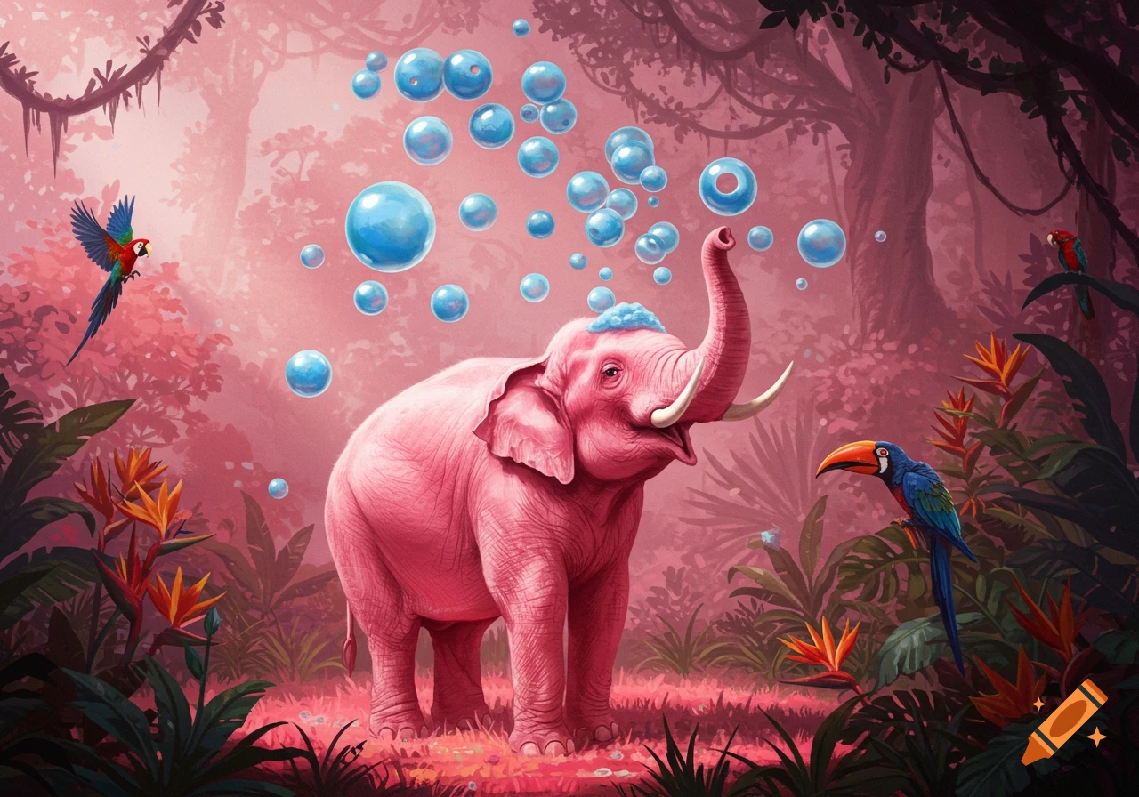 A pink elephant stands in a vibrant pink jungle, blowing blue bubbles from its trunk. Parrots fly and perch among tropical plants.