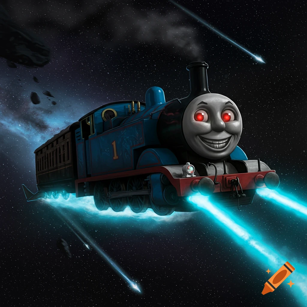 Creepy Thomas the Train with glowing red eyes flies through space as a spaceship, with blue thruster flames and asteroids.