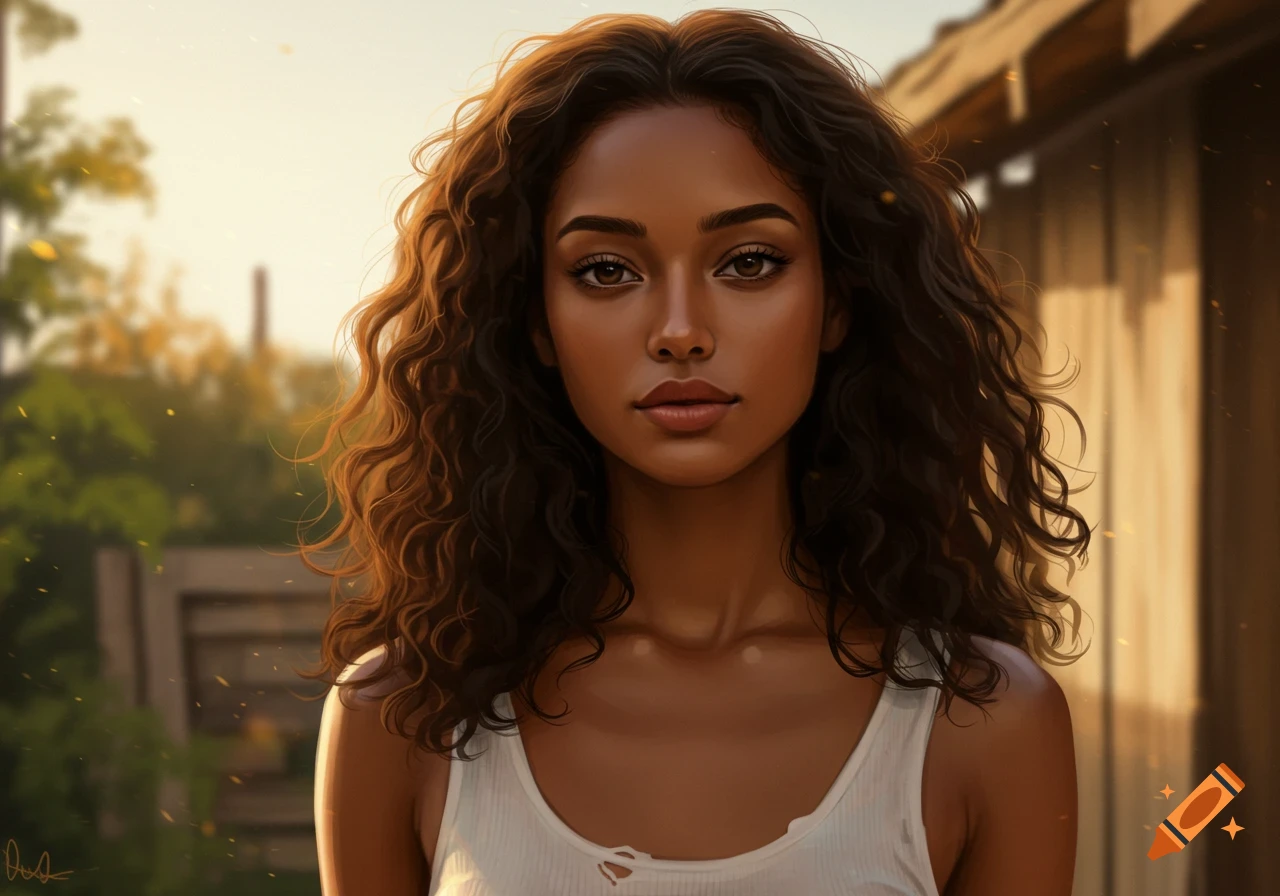 Photorealistic portrait of a beautiful woman with light brown skin and long curly dark hair, wearing a white tank top outdoors.