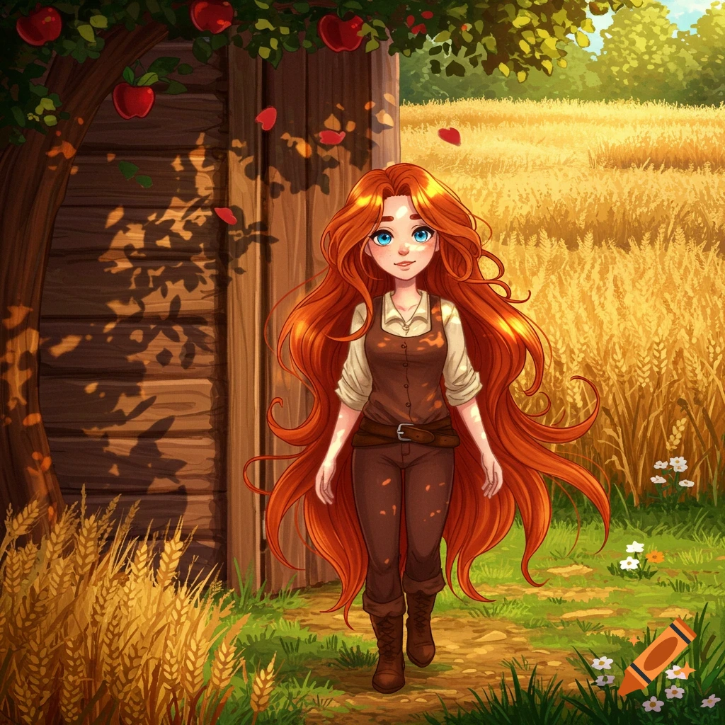 A young girl with long flowing red hair and blue eyes walks through a sunlit golden wheat field next to a wooden barn, in a charming cartoon style.