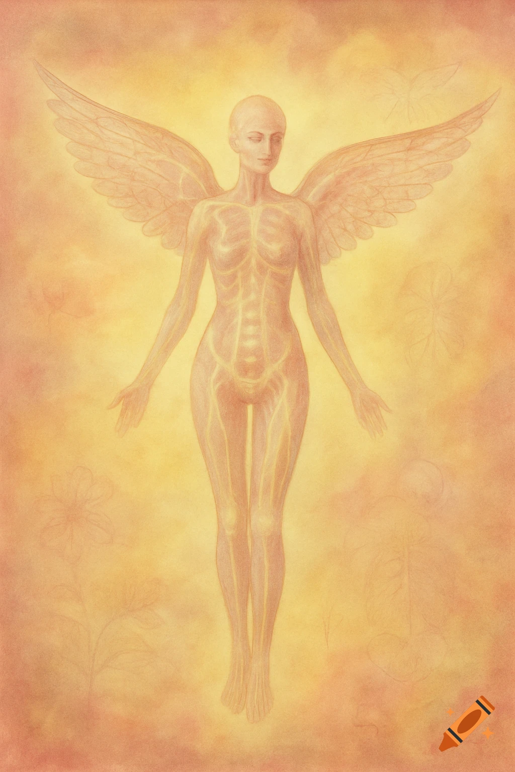 An ethereal watercolor illustration of a winged human figure, with internal bone and vein structures visible, against a glowing warm background with faint botanical outlines.