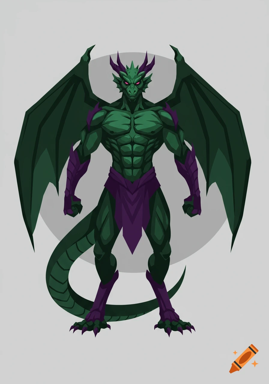 A muscular, green humanoid dragon with large wings and purple accents stands in a stylized illustration.