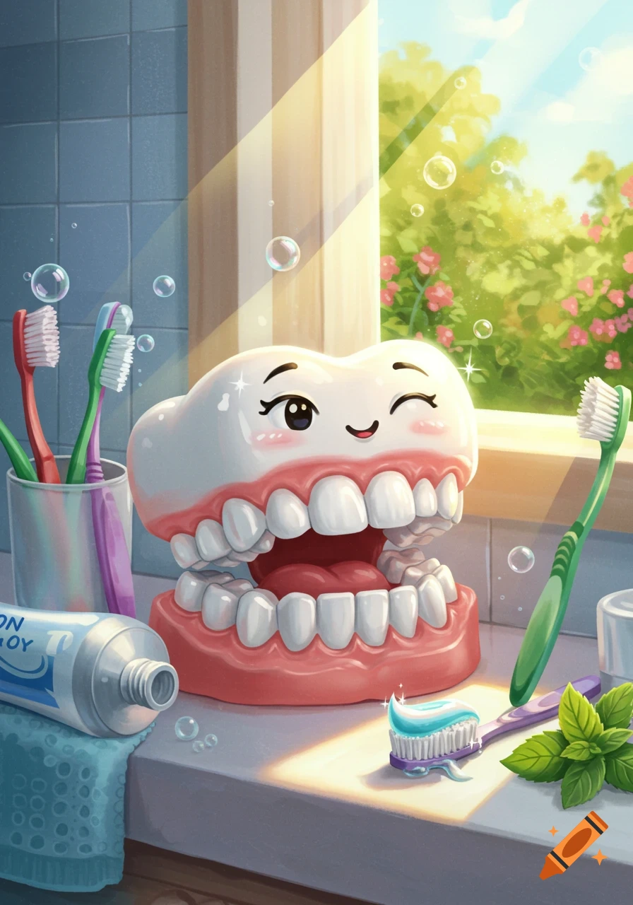 Cartoon illustration of a happy, winking teeth model on a counter with toothbrushes, toothpaste, and sunlight from a window.