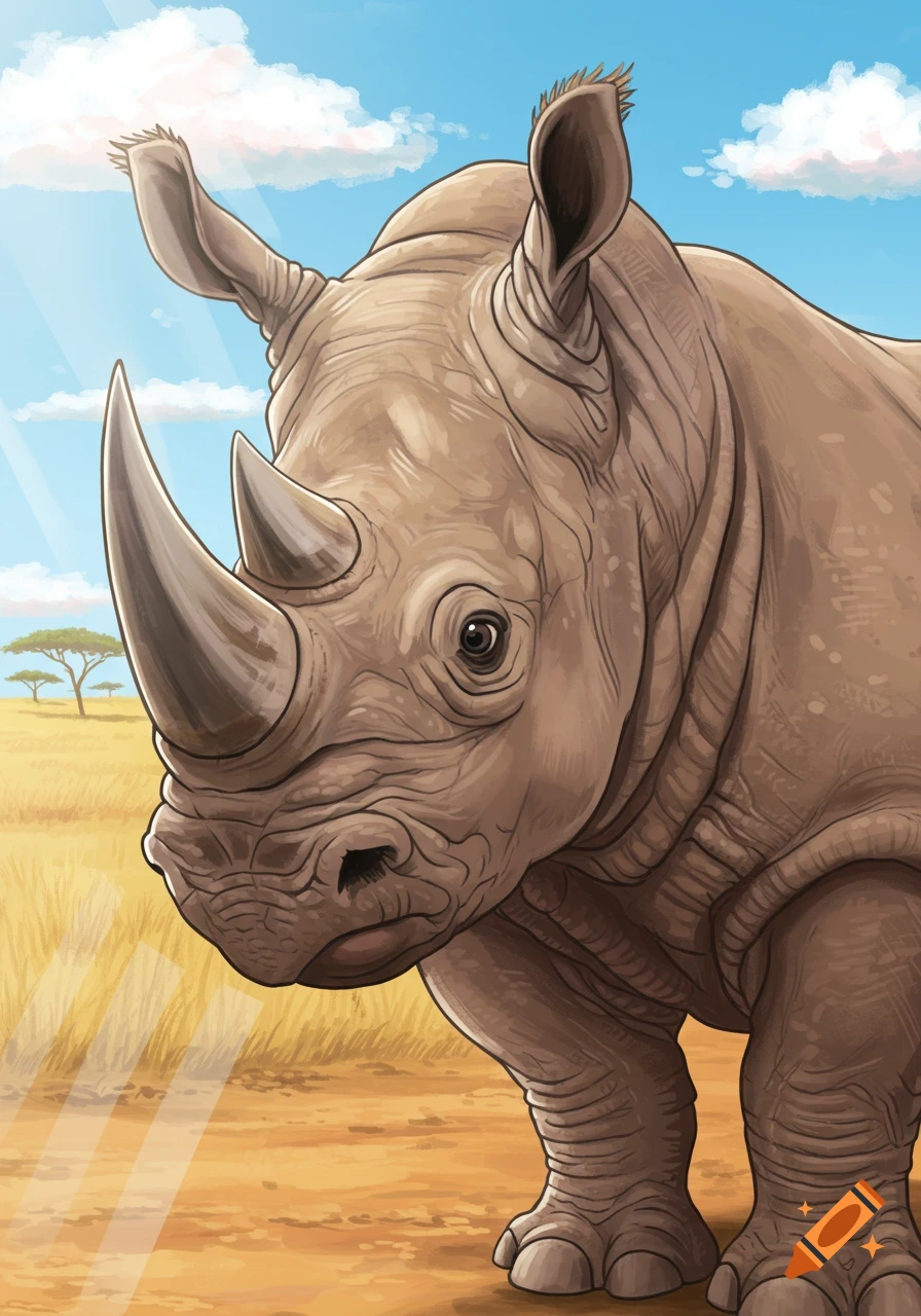 A detailed illustration of a rhinoceros in a savanna, with two small acacia trees in the background under a blue sky.