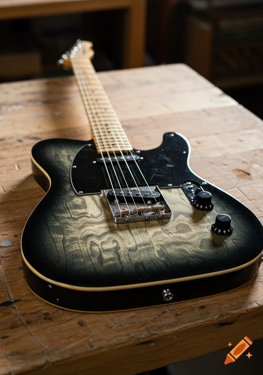 A close-up, angled shot of a black and white electric guitar with a flamed wood pattern, resting on a wooden table.