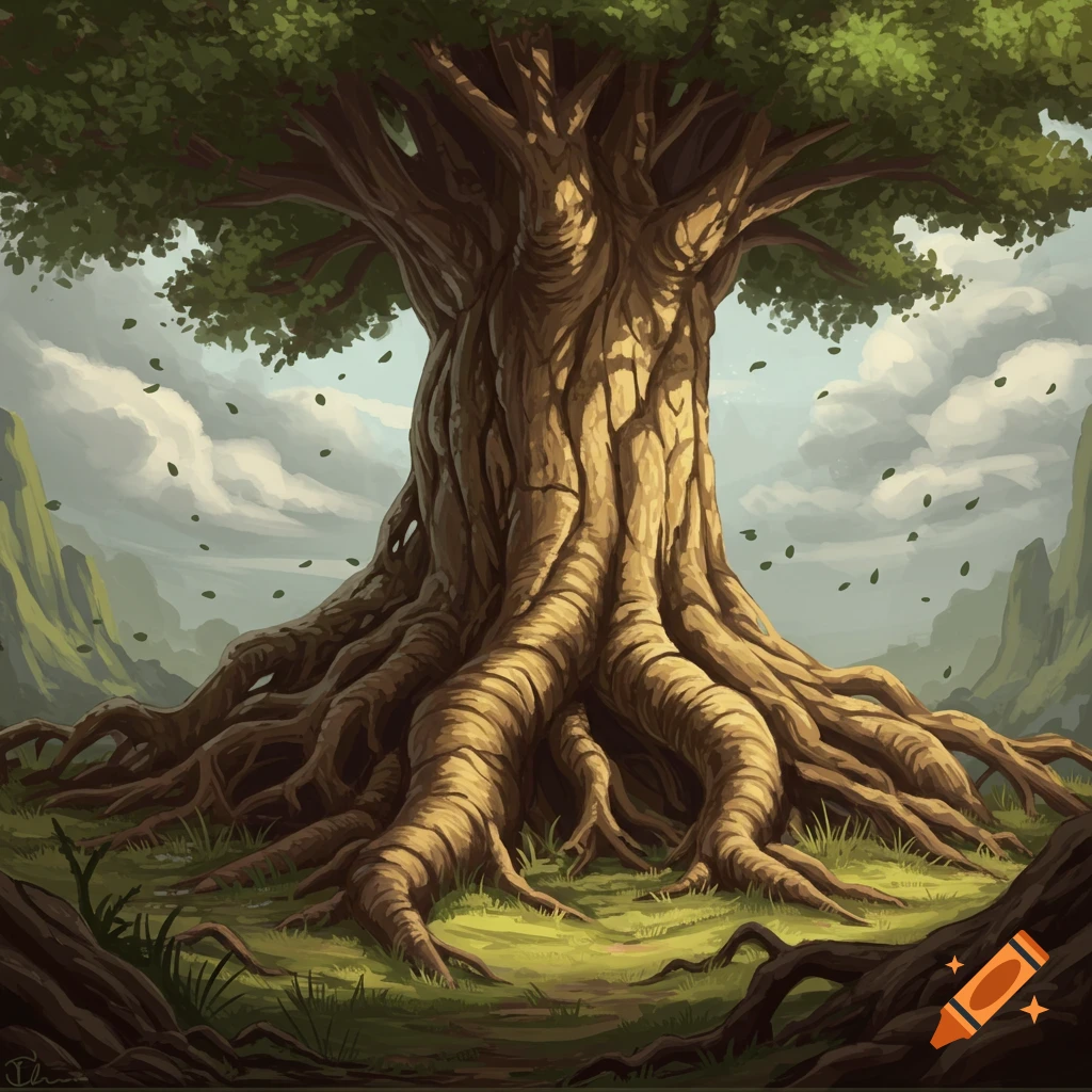 A massive, ancient tree with gnarled roots in a valley under a cloudy sky, stylized illustration.