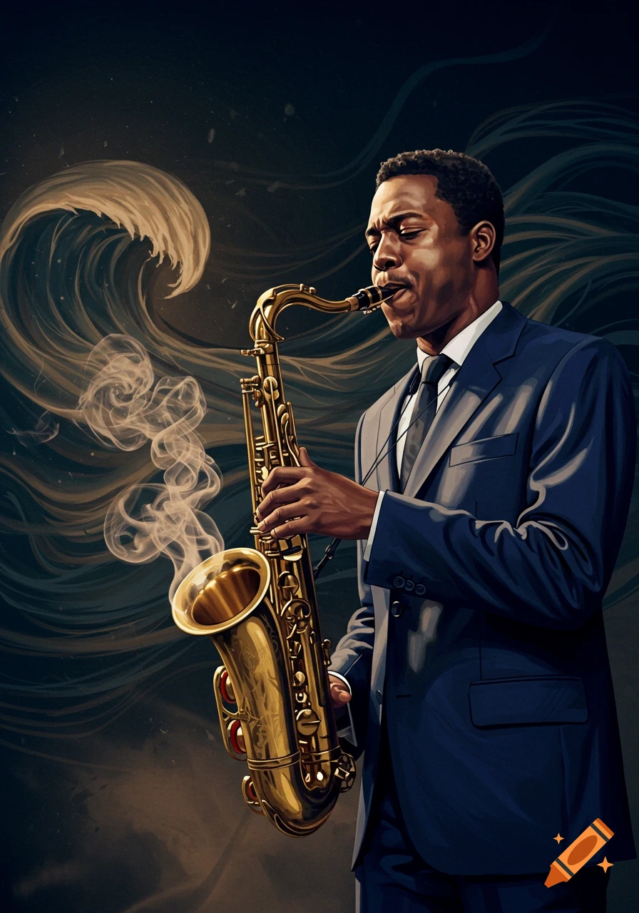 An artistic illustration of a Black man in a suit playing a saxophone against a dark, smoky, wave-patterned background.