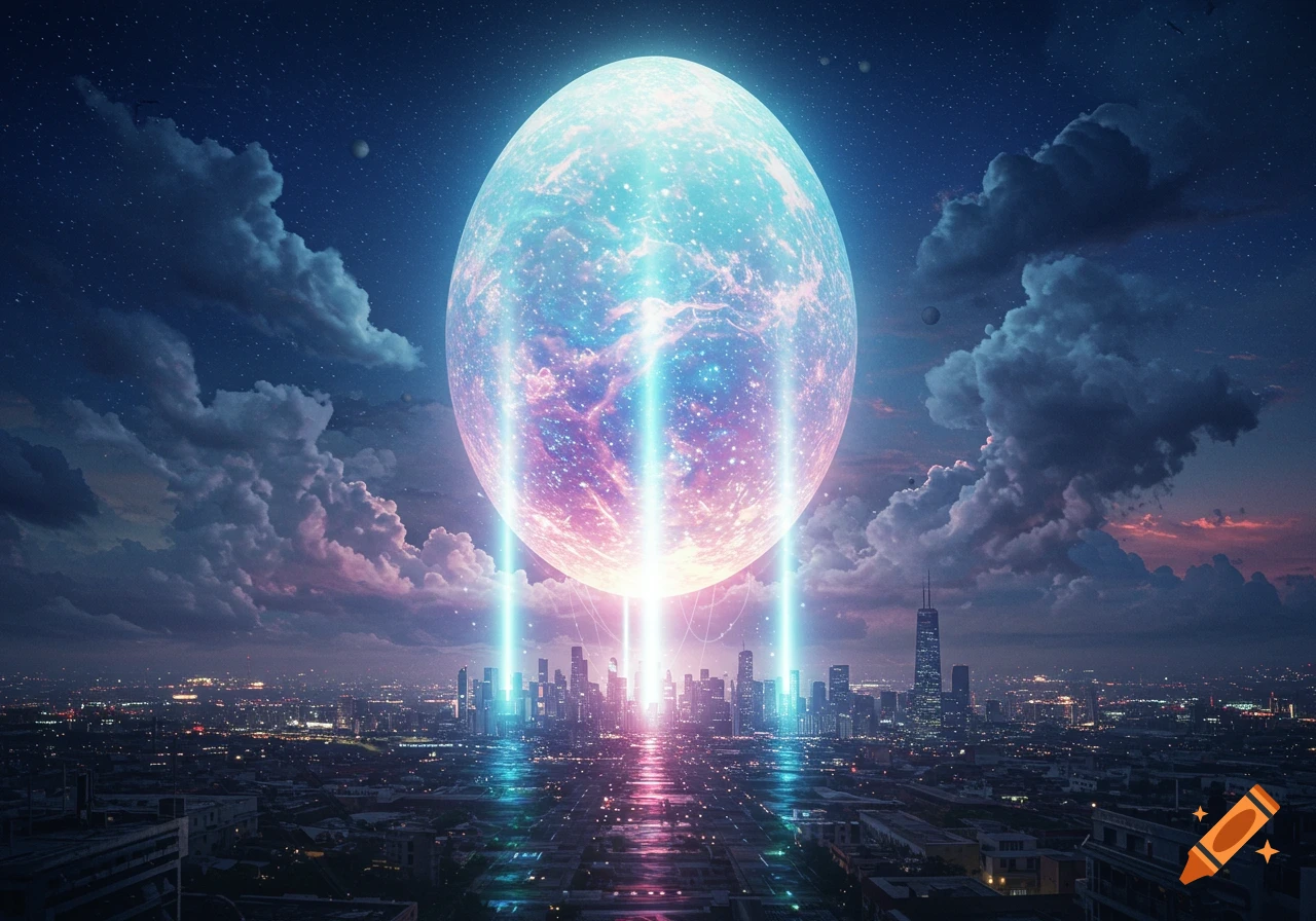 A massive, glowing, multi-colored celestial egg-like object hovers over a futuristic city skyline at night, casting vibrant light rays down.