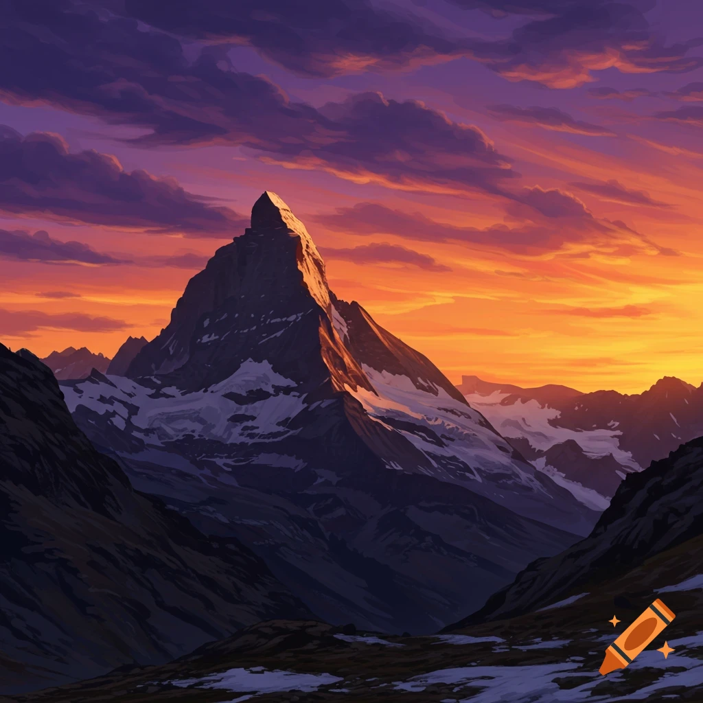 A dramatic mountain peak rises under a vibrant sunset sky with purple and orange clouds.