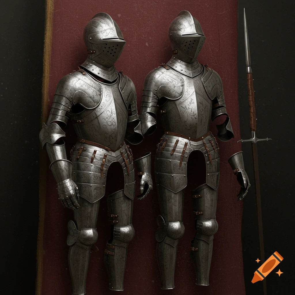 Two detailed suits of medieval armor with a spear on a red background.