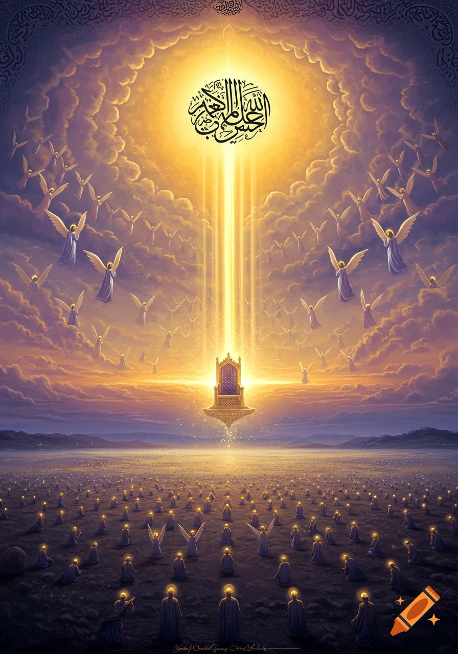 A celestial scene with angels, a golden throne glowing, and figures kneeling under a bright light with Arabic calligraphy.
