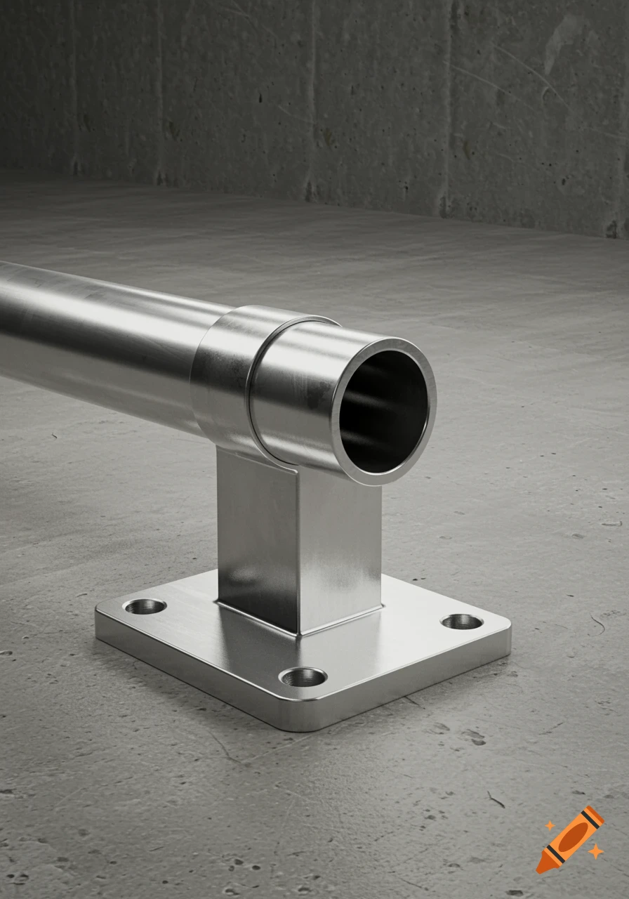 A shiny aluminum tube is mounted perpendicularly on a square metal base plate, set against a concrete background.