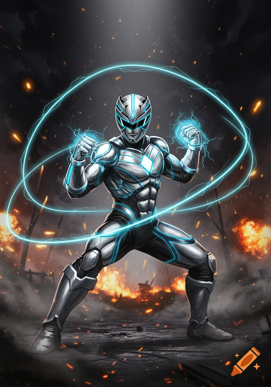 A buff platinum and blue armored superhero stands in a dynamic fighting stance, surrounded by crackling energy in a fiery, debris-filled landscape.