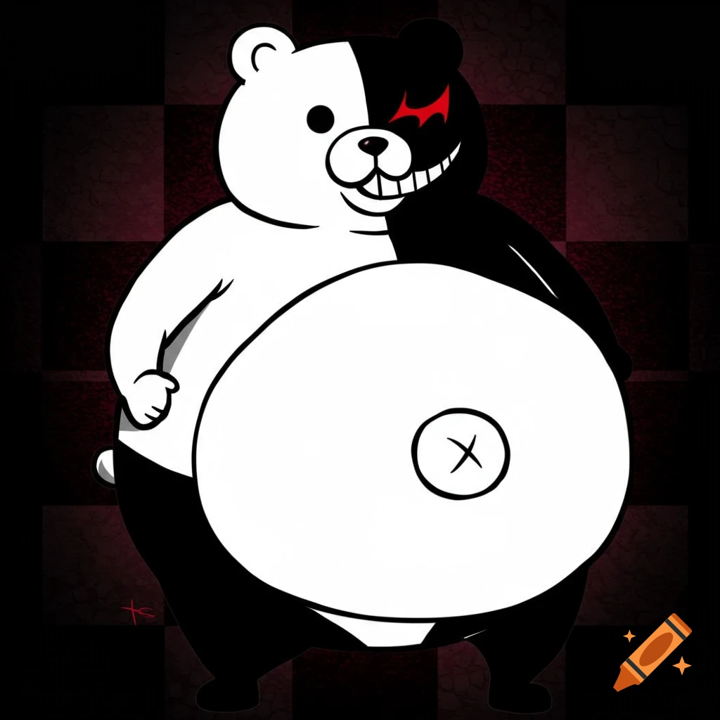 Monokuma from Danganronpa with a huge, round white belly. The character is split black and white. Background is a dark red and black checkerboard.