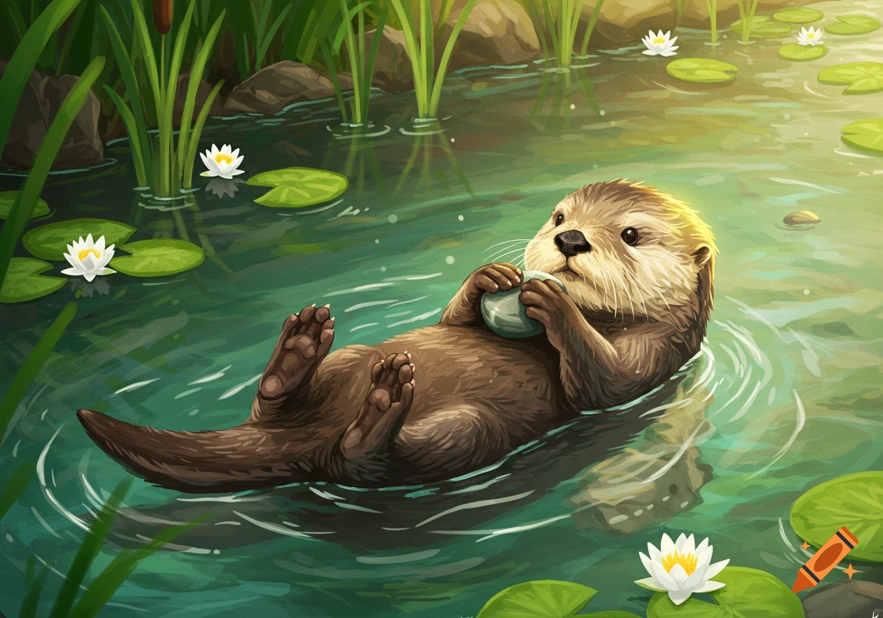 An adorable otter floats on its back in a pond with water lilies, holding a small rock in its paws.