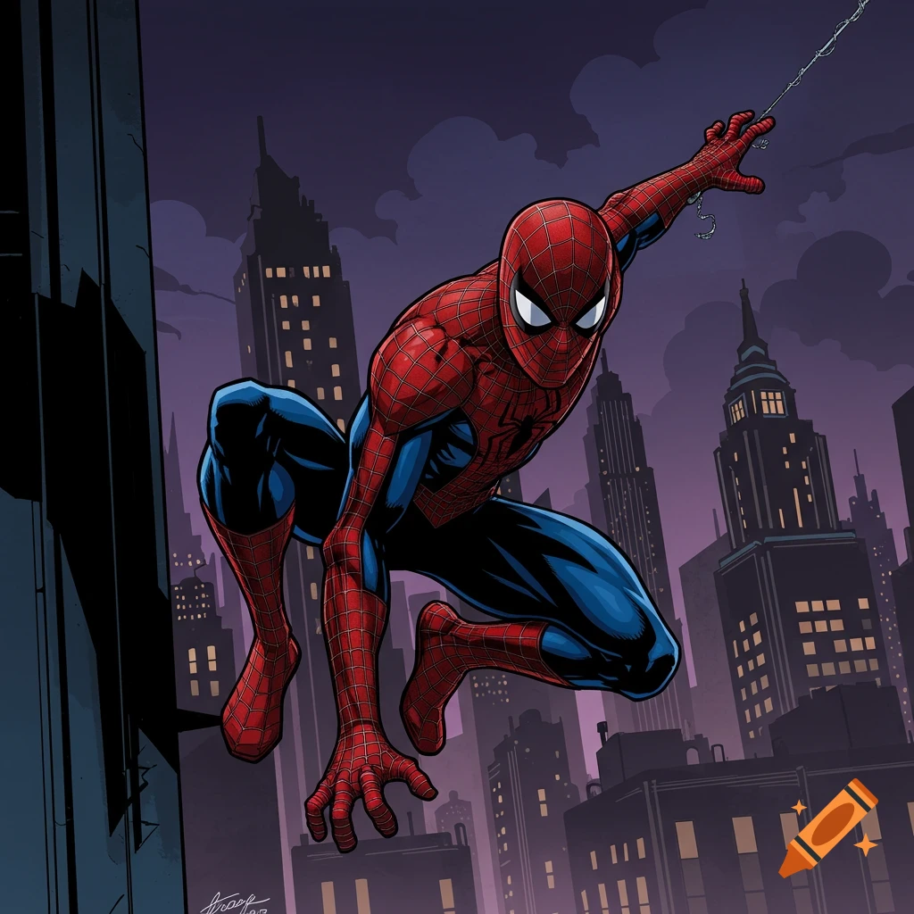 Spider-Man crouches ready to leap, webs slinging, on a building ledge against a dark city skyline. Comic book style.