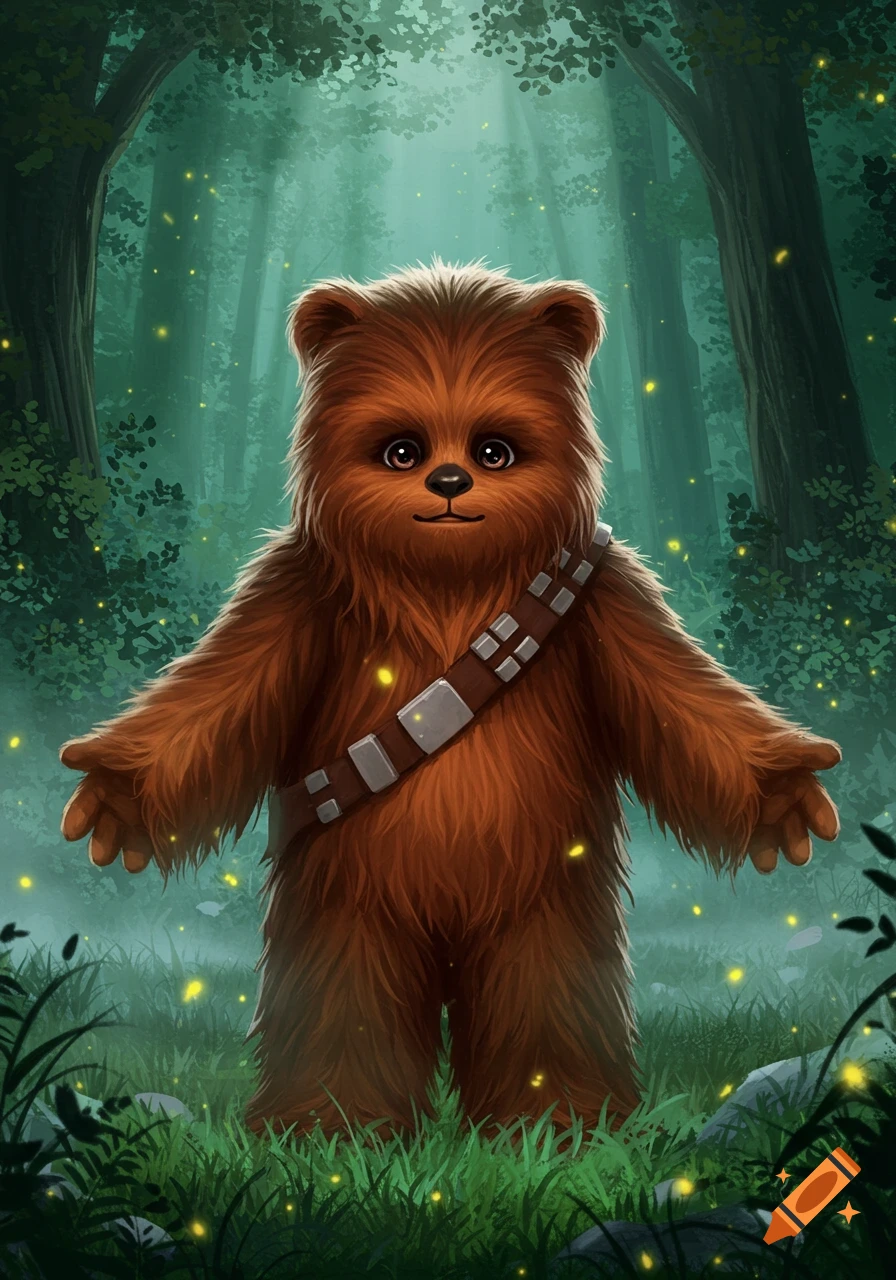 A cute, brown, furry Wookiee-like creature wearing a bandolier stands in a glowing green forest.