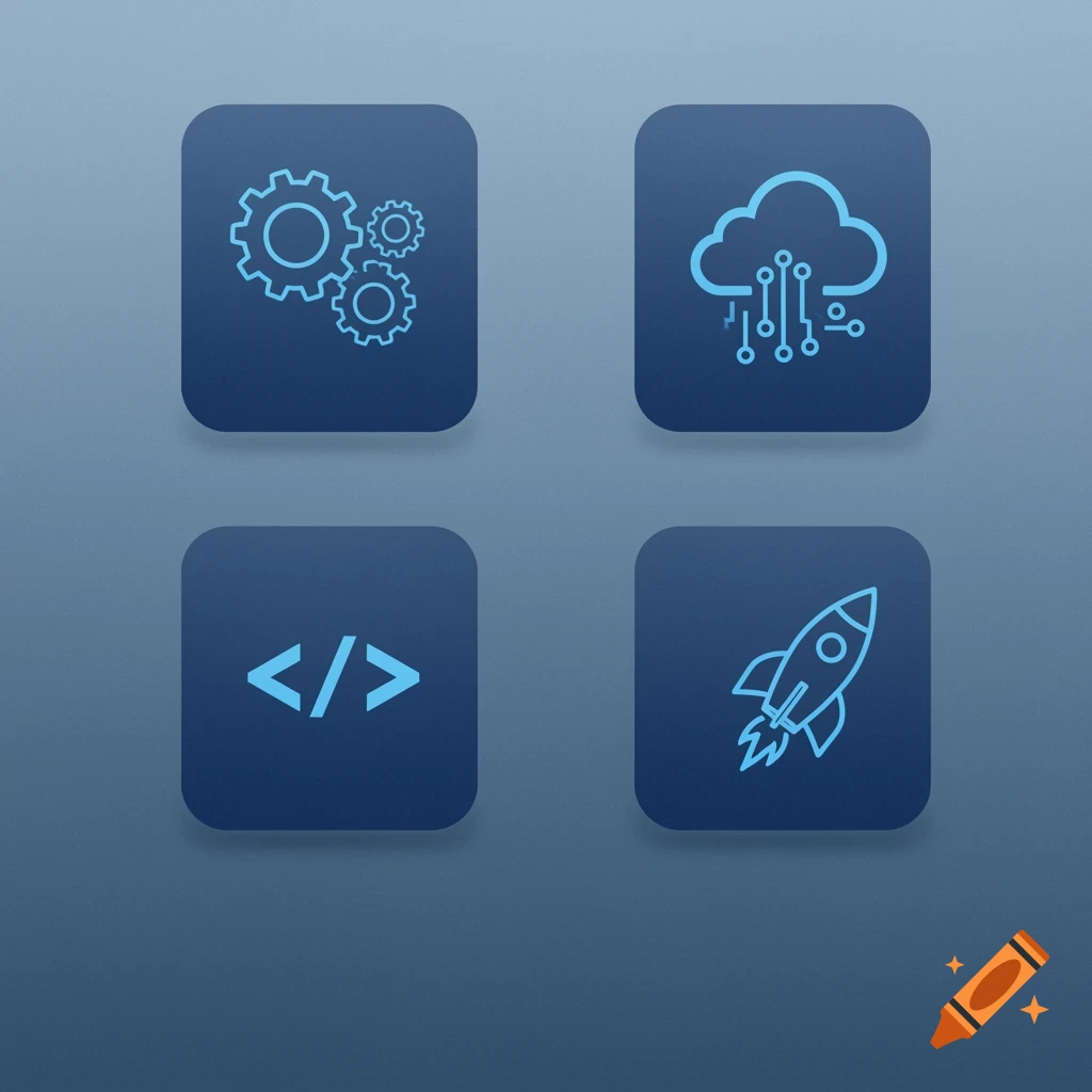 Four minimalist blue app icons: gears, a cloud with circuits, code brackets, and a rocket, for software.