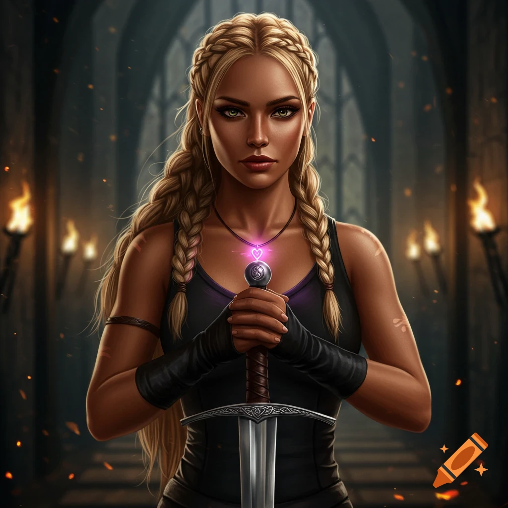 Digital art of a strong woman with blonde braids holding a sword in a dark, torch-lit castle.