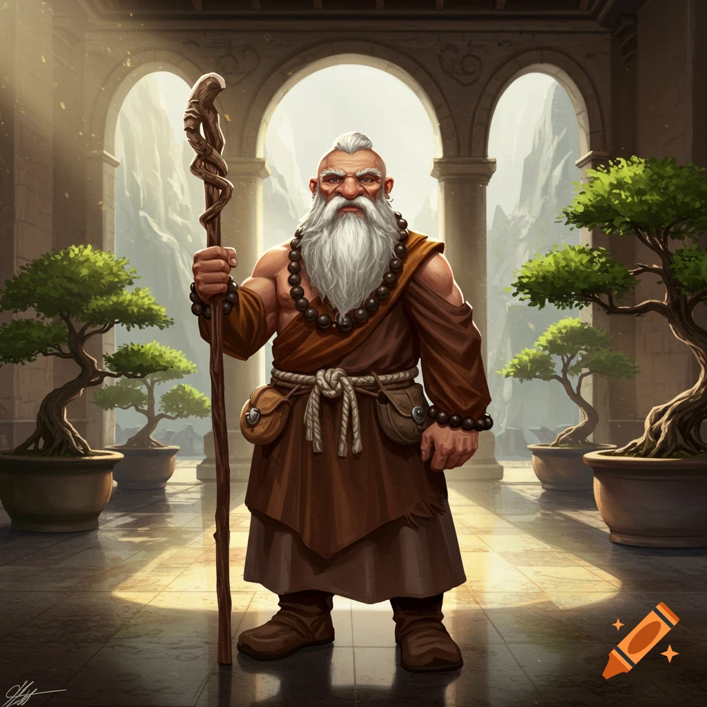A stylized digital art portrait of an elderly dwarf monk with a long white beard and a staff, standing in a sunlit temple courtyard with bonsai trees.