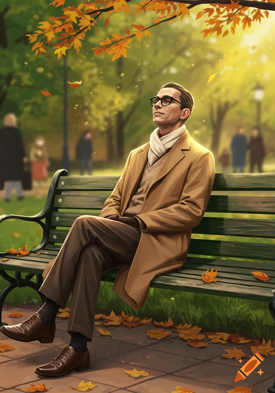 Illustrated man with glasses sitting on a park bench under autumn trees, looking up with eyes closed.