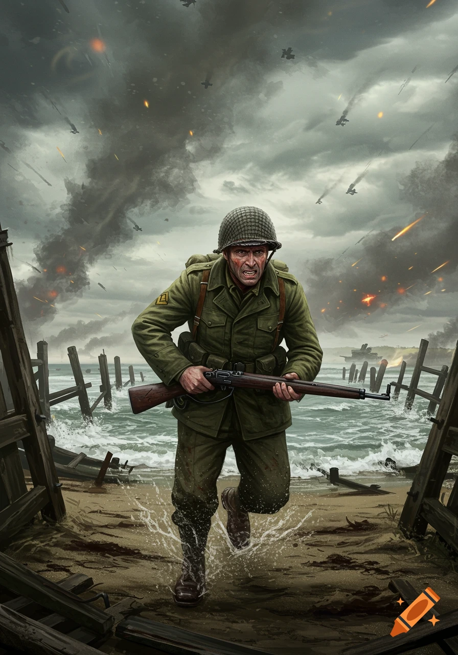A determined WW2 soldier runs through the surf on a chaotic beach under a smoky, battle-filled sky, holding a rifle.