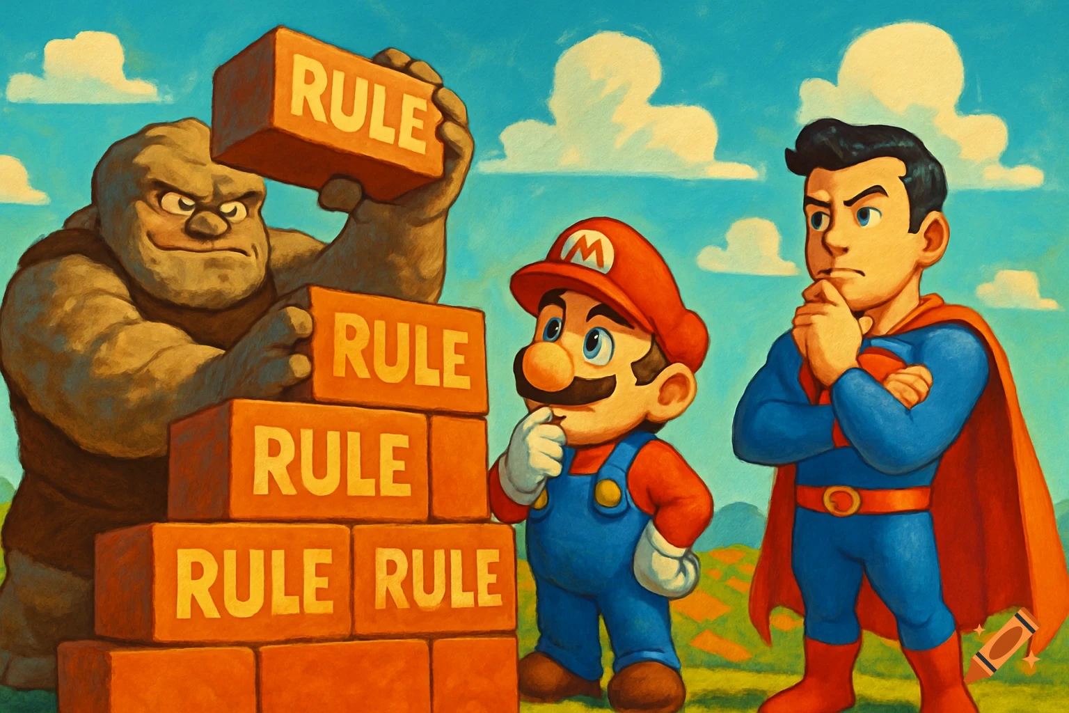 A large rock monster stacks bricks labeled 'RULE' while Mario and a superhero resembling Superman observe in a painterly style.
