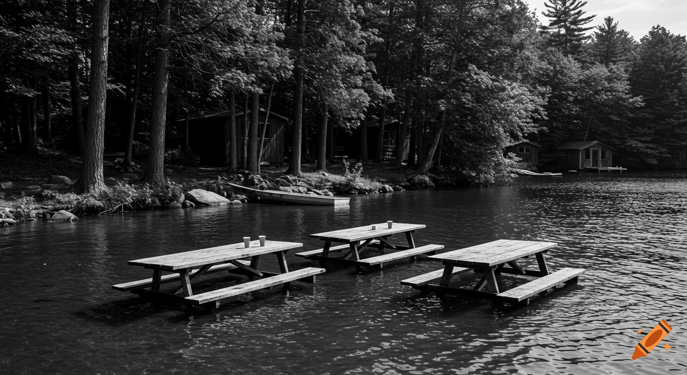 Black and white photo of three picnic tables submerged in a calm lake, with trees and small cabins lining the distant shore.