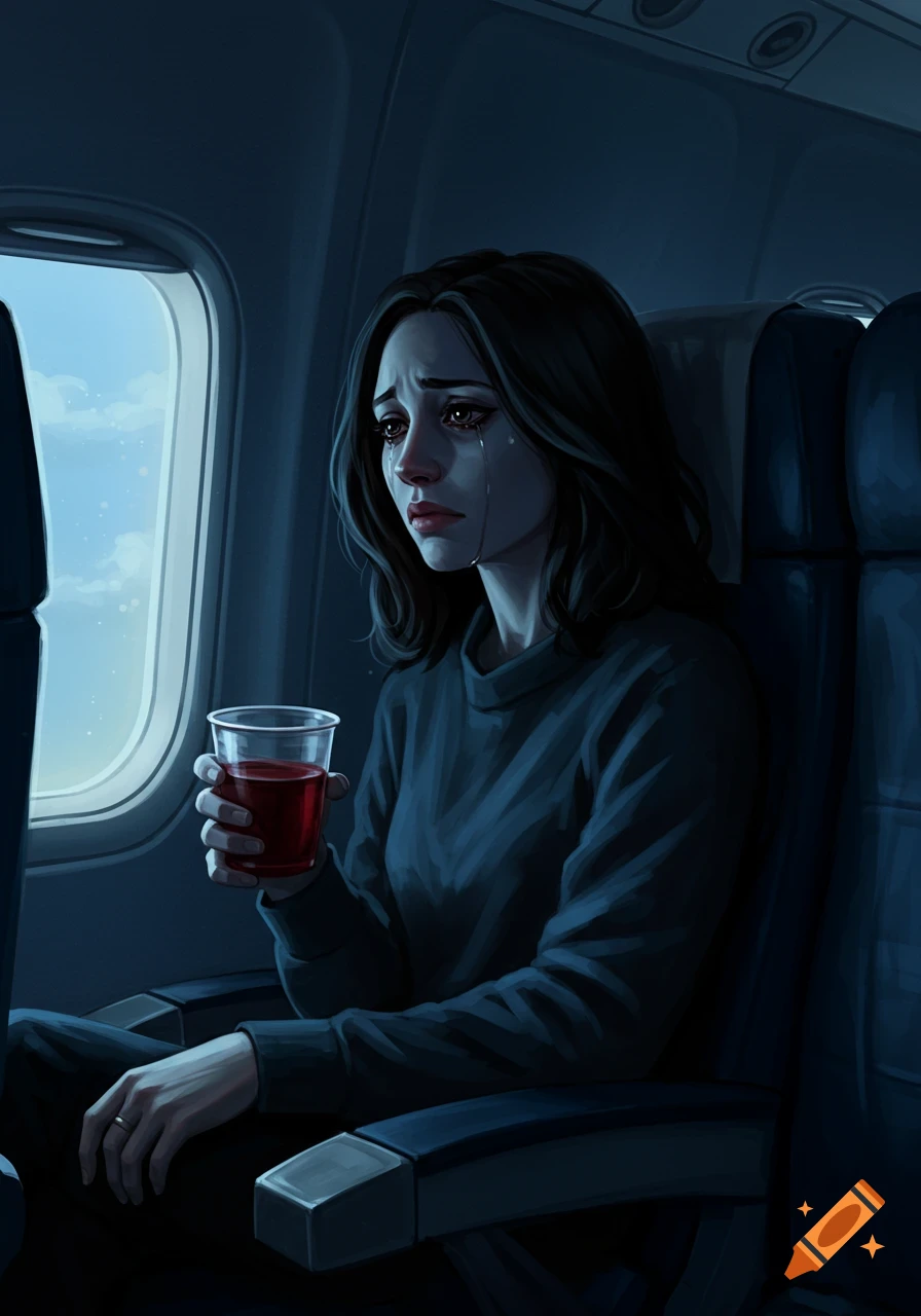 A woman with tears streaming down her face sits in an airplane seat, holding a plastic cup with red liquid, looking out the window. Digital art.