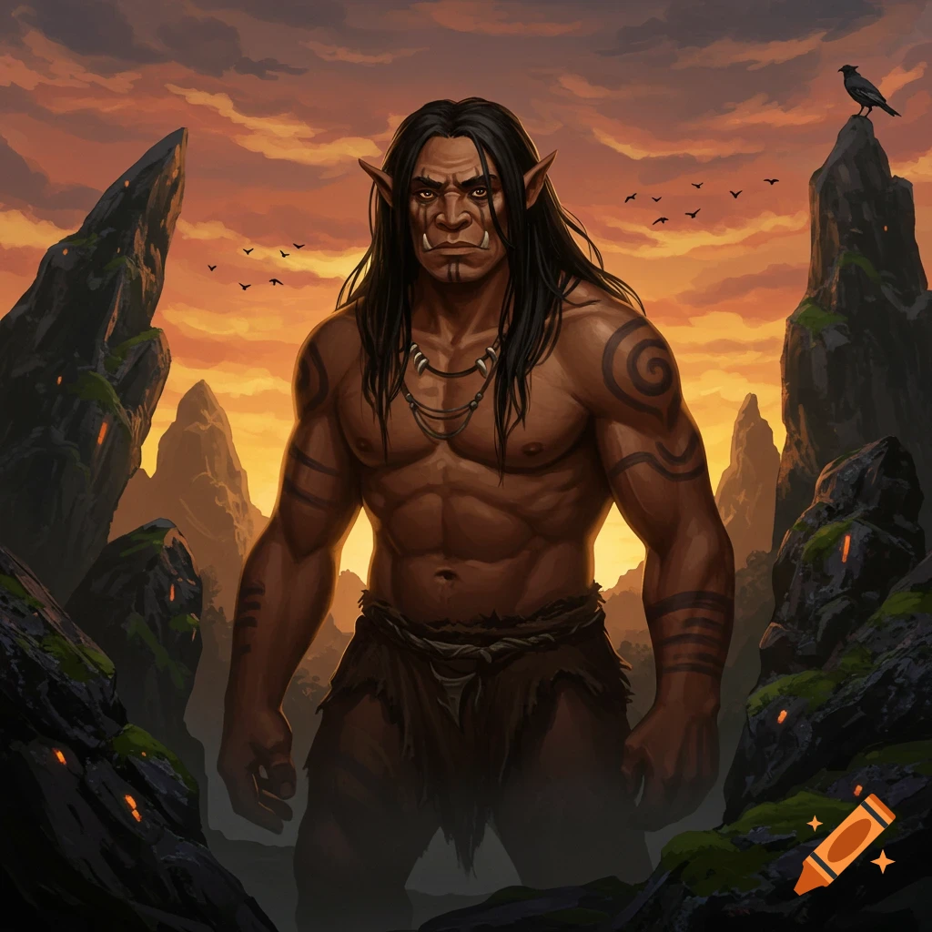 A muscular ogre with long black hair and tribal tattoos stands in a rocky, mountainous landscape under an orange sunset sky.