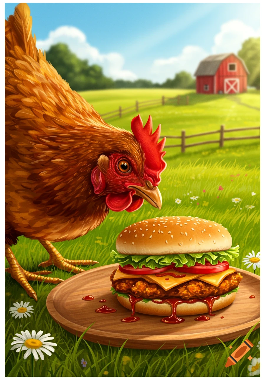 A detailed illustration of a brown chicken looking at a spicy chicken sandwich on a farm with a red barn.