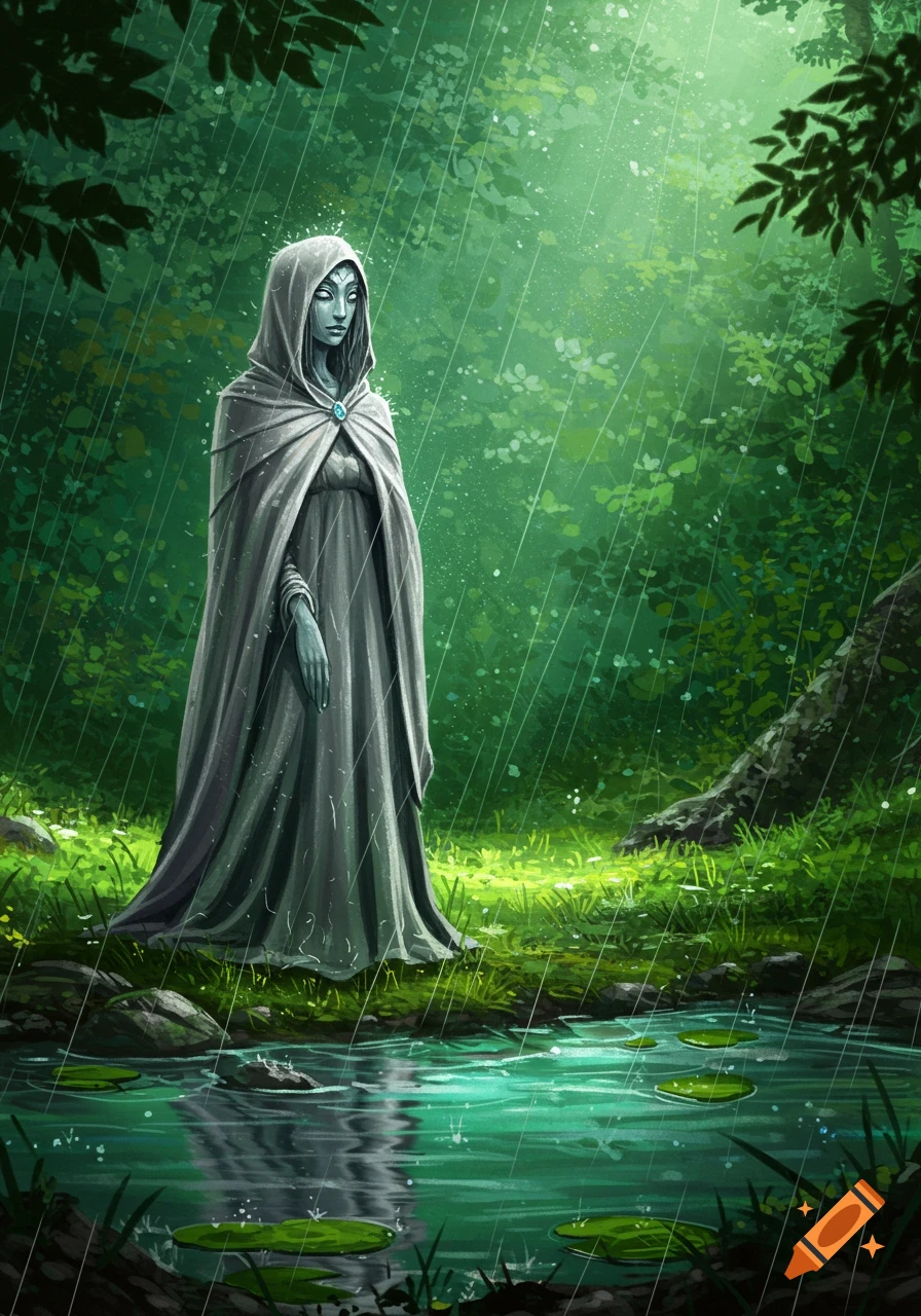 A mysterious, robed figure with pale skin and glowing eyes stands in a lush, green forest under a steady rain, next to a small pond.