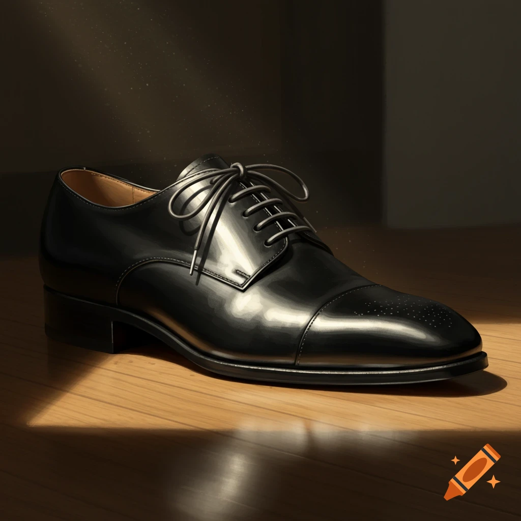 A shiny black leather dress shoe with laces sits on a wooden floor bathed in sunlight.