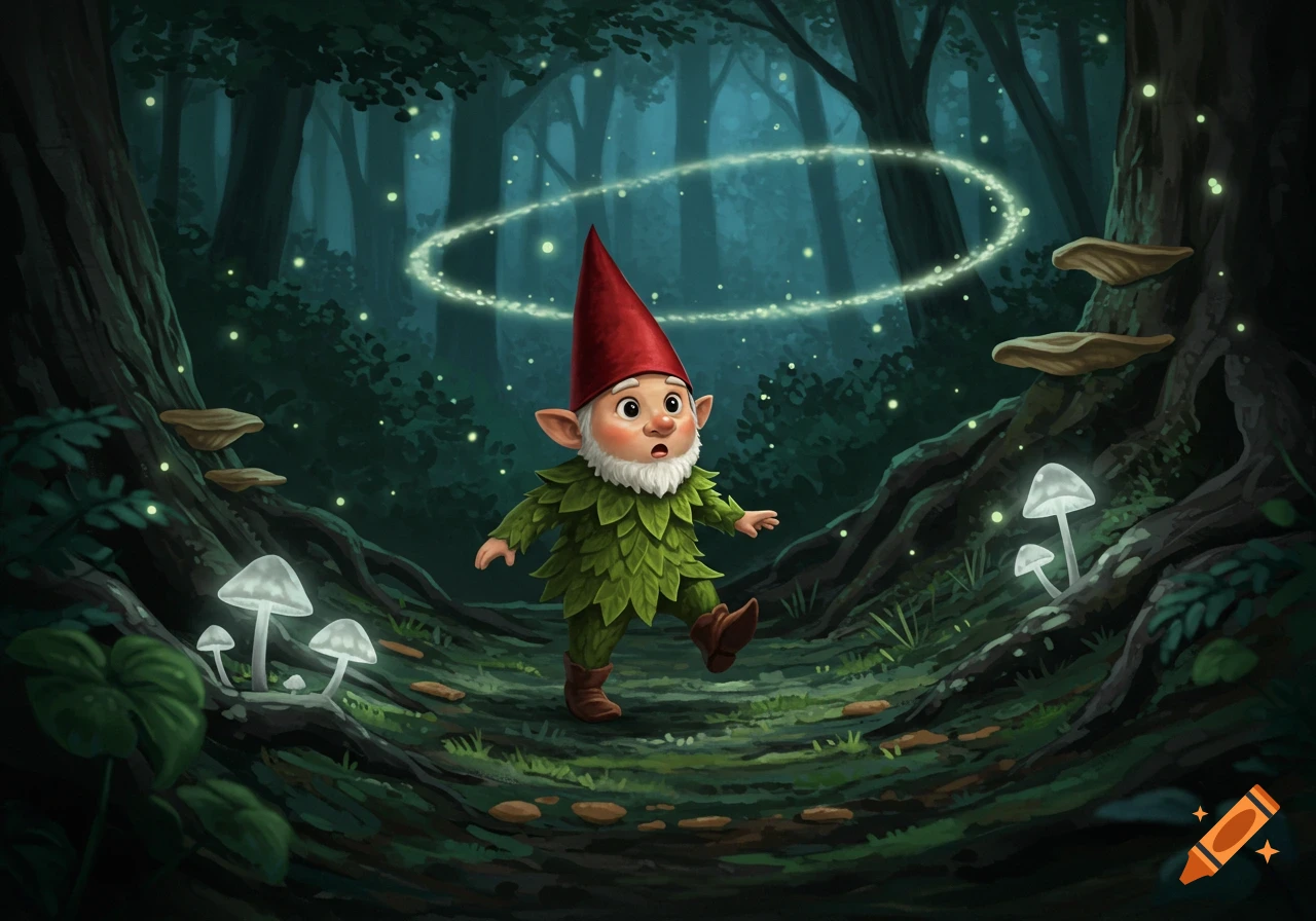 A cute cartoon gnome with a red hat and leaf outfit walks through a magical dark forest filled with glowing mushrooms and fireflies.