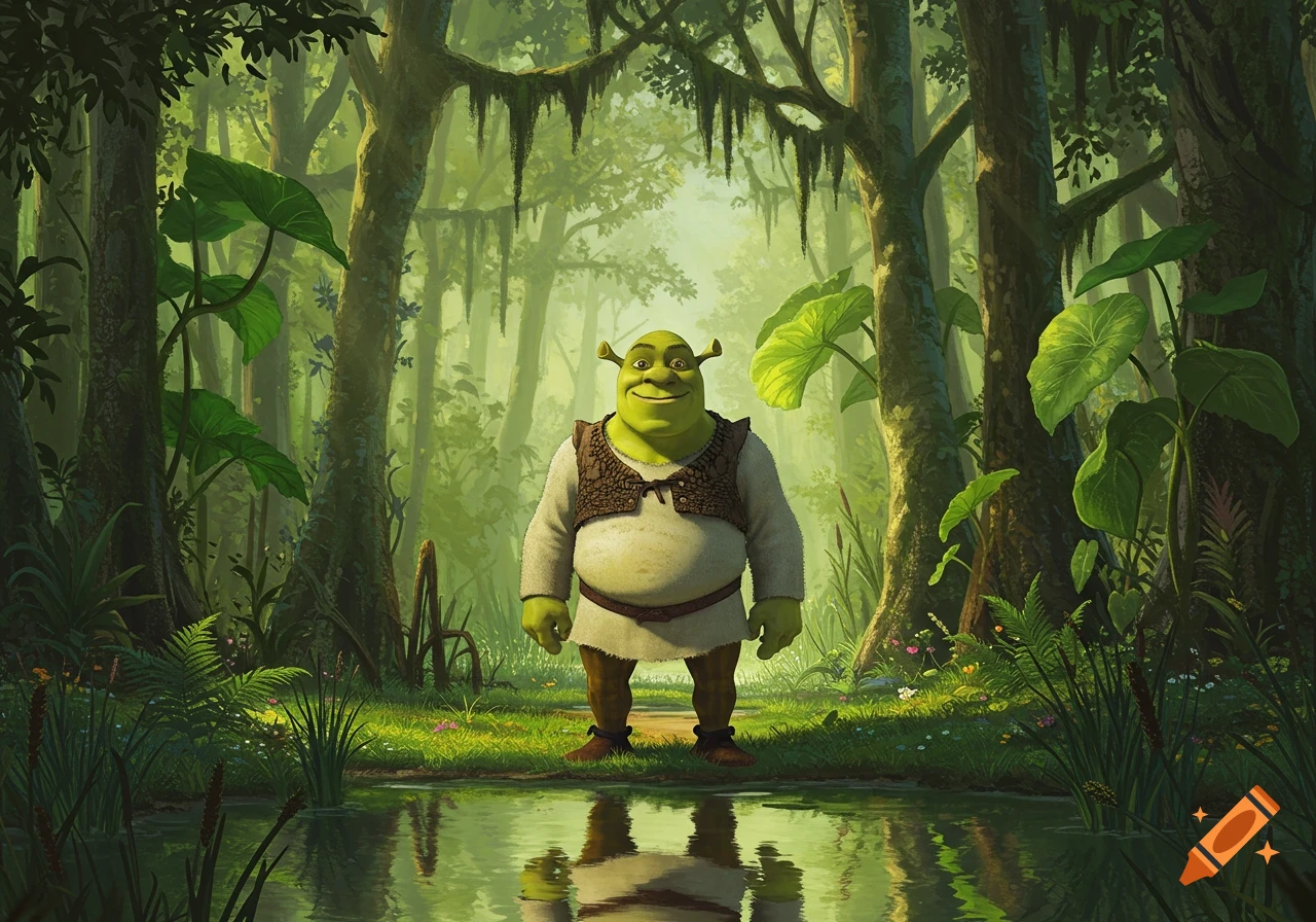 Shrek standing in a vibrant green swamp with large trees, lush foliage, and a reflective pool of water in the foreground.