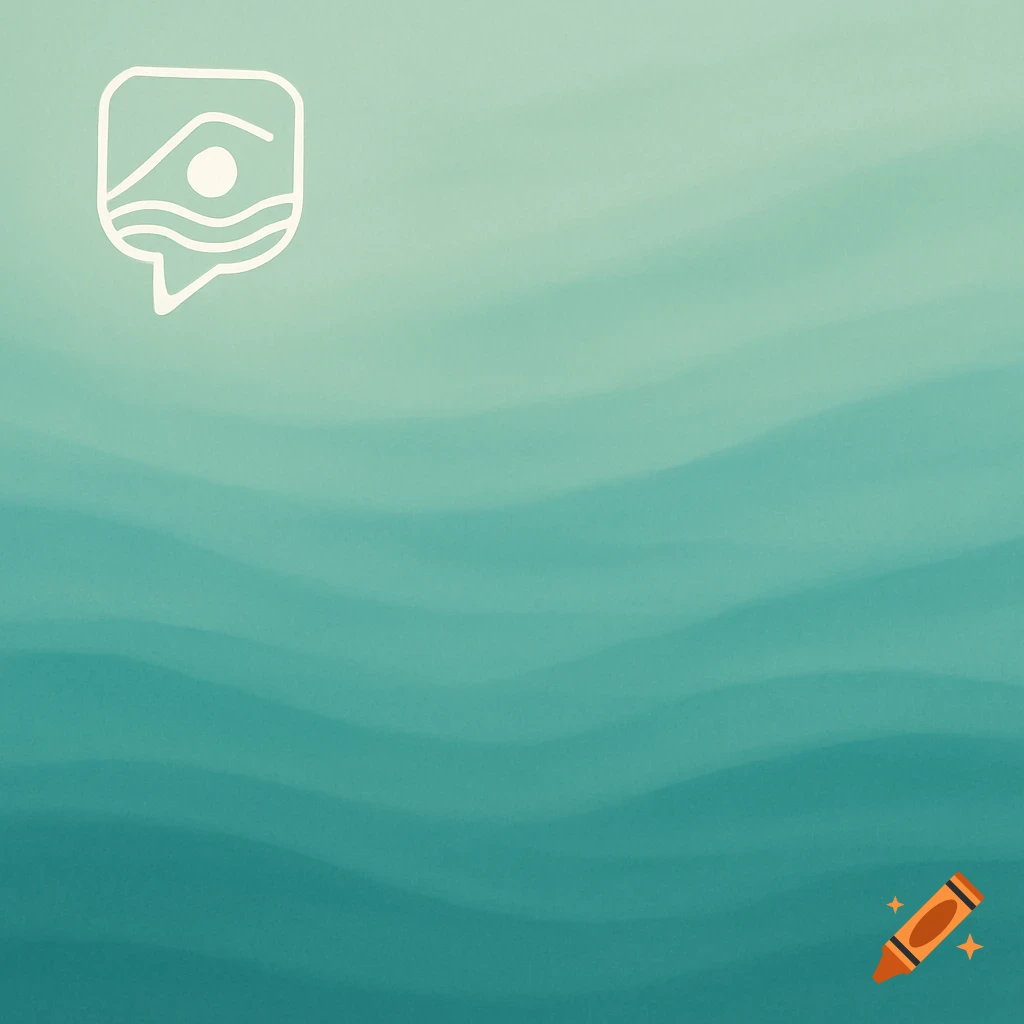 A white outline icon resembling a speech bubble with a mountain and wavy lines, on a teal to dark green gradient background.