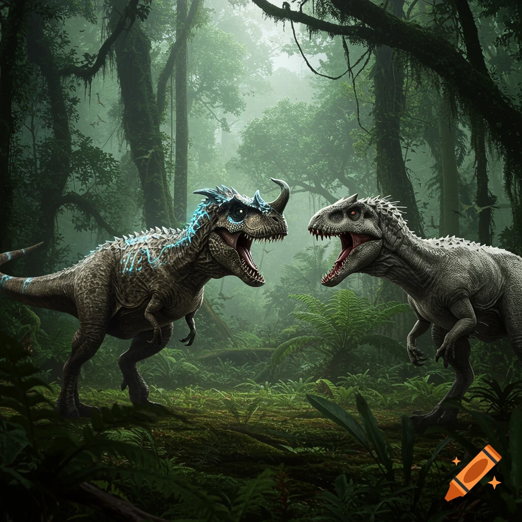 Two photorealistic dinosaurs, one with blue glowing patterns, the other white, roar at each other in a dense jungle.